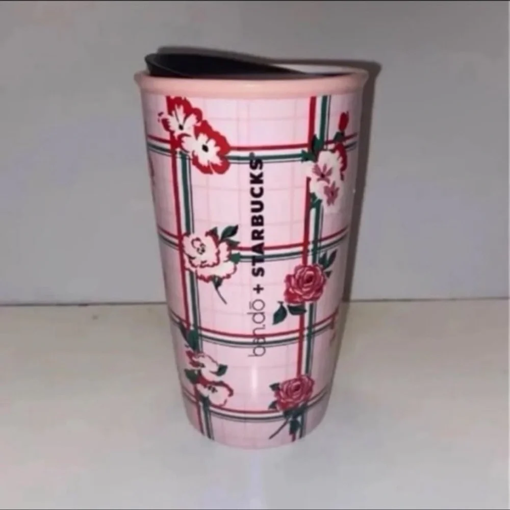 Starbucks Bando Double Walled Traveler 12 Oz Floral Pink Plaid Rose Tumb…